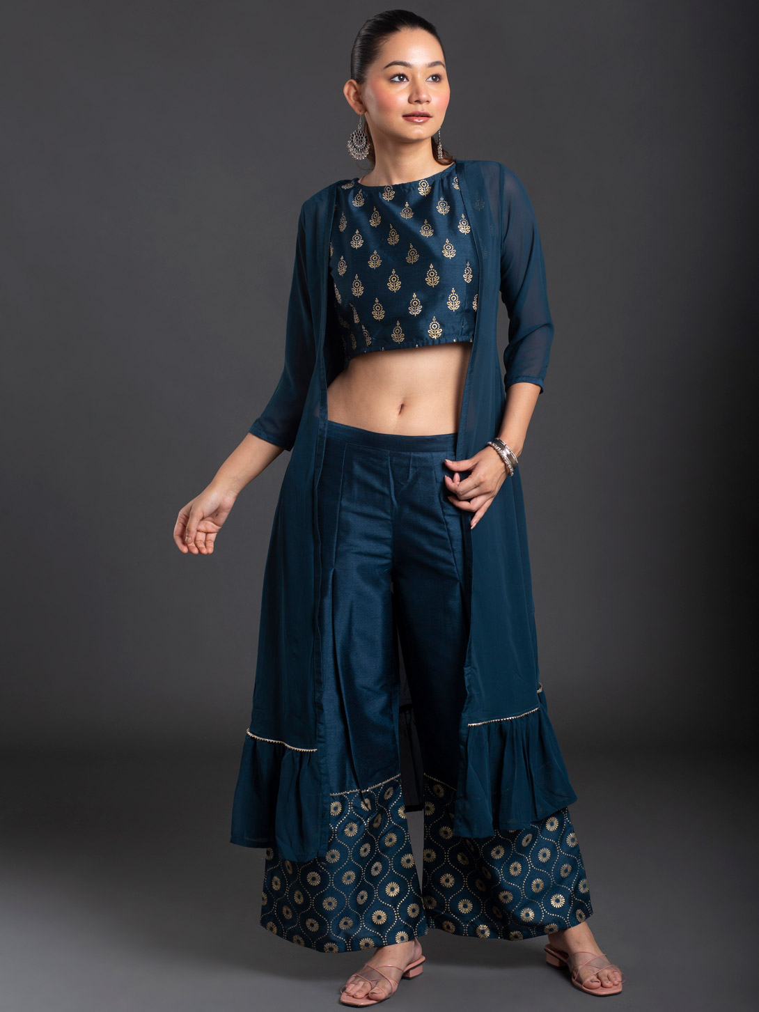 BLUE THREE PIECE SET TOP WITH PLAZZO AND SHRUG