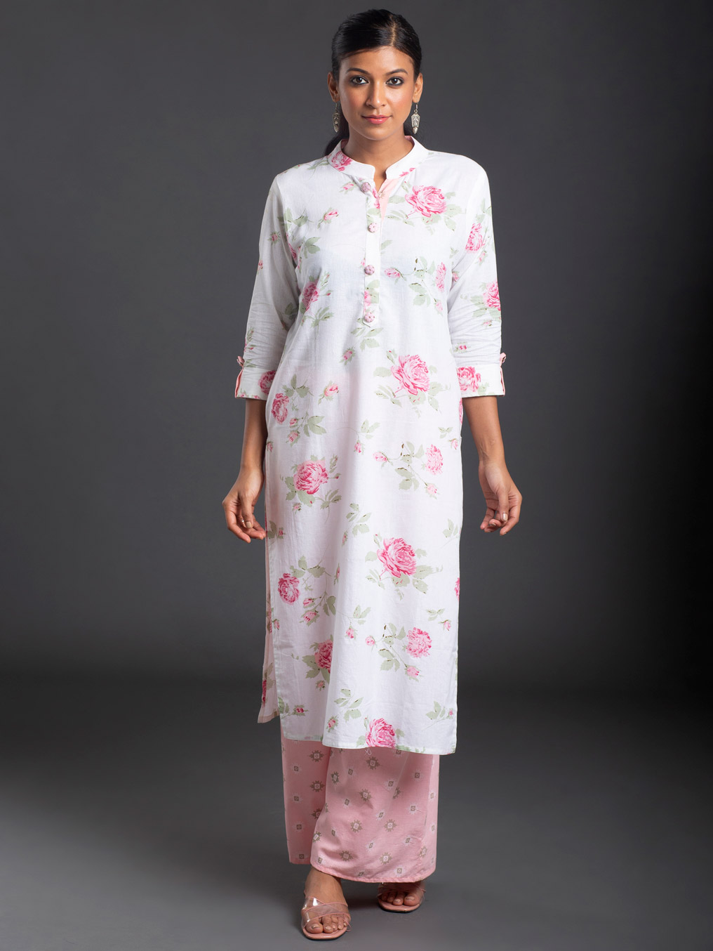 WHITE AND PINK FLORAL KURTI SET WITH PANT