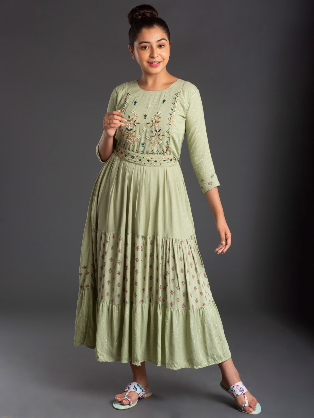 Buy Blue Linen Embroidery Thread Round Midi Dress For Women by Kaveri  Online at Aza Fashions.