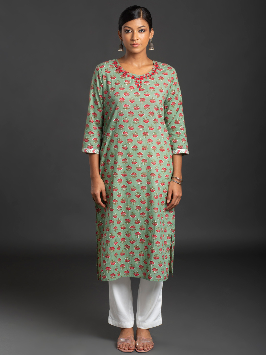 GREEN AND RED FLORAL PRINT SINGLE KURTI