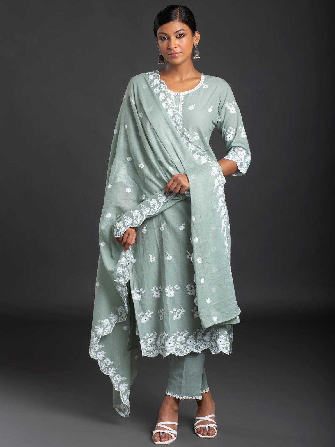 Women Mint Green Ethnic Design Kurta with Trousers & Dupatta