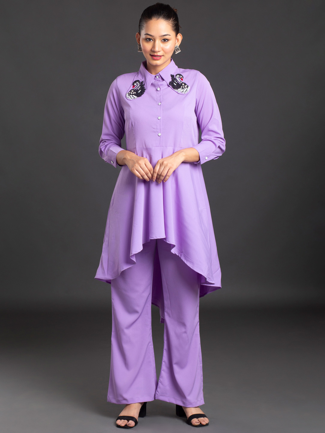 Purple Two Piece Co ord set with Hand Embroidery collar