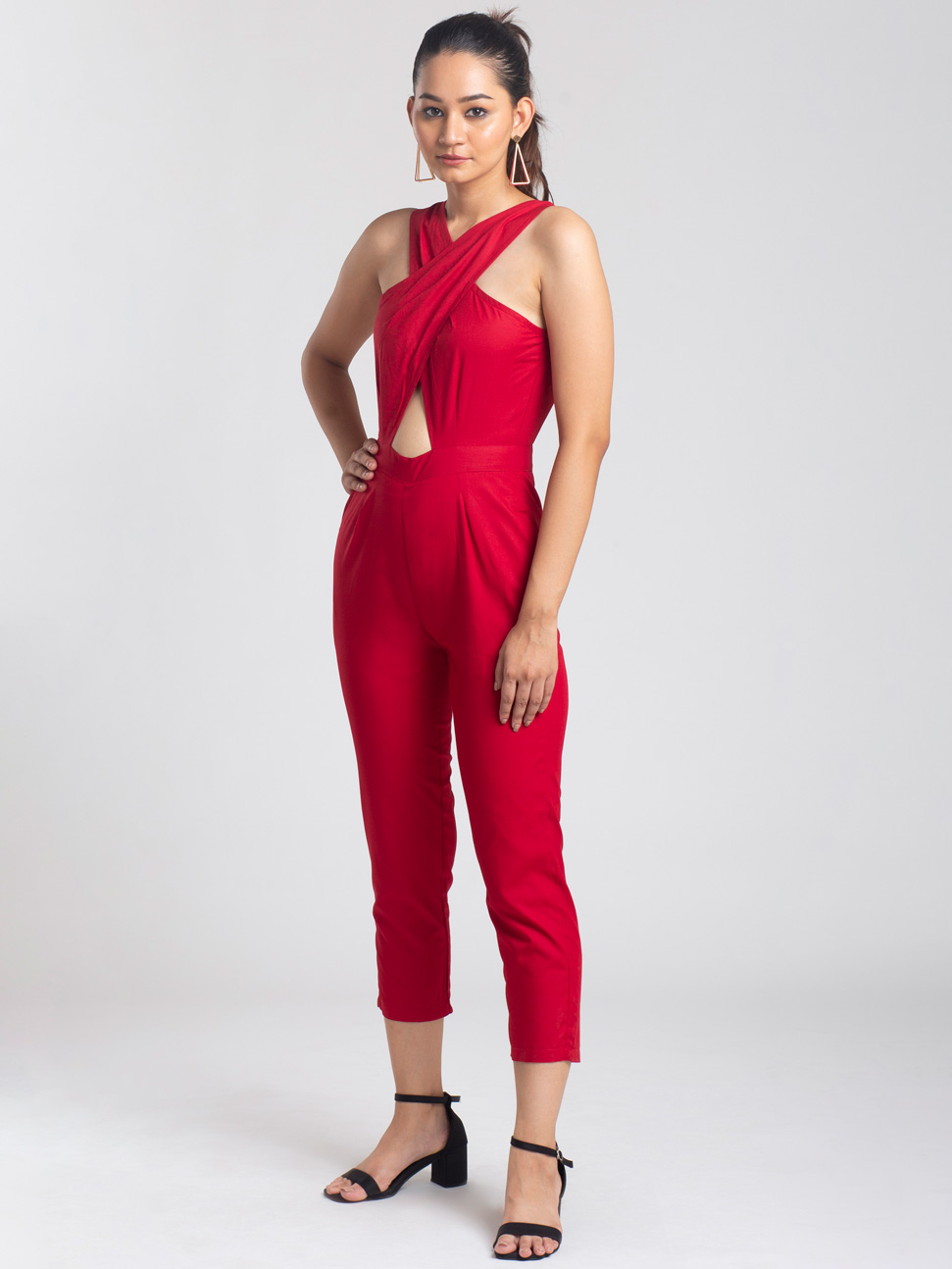 Red Solid Jumpsuit With Cutout