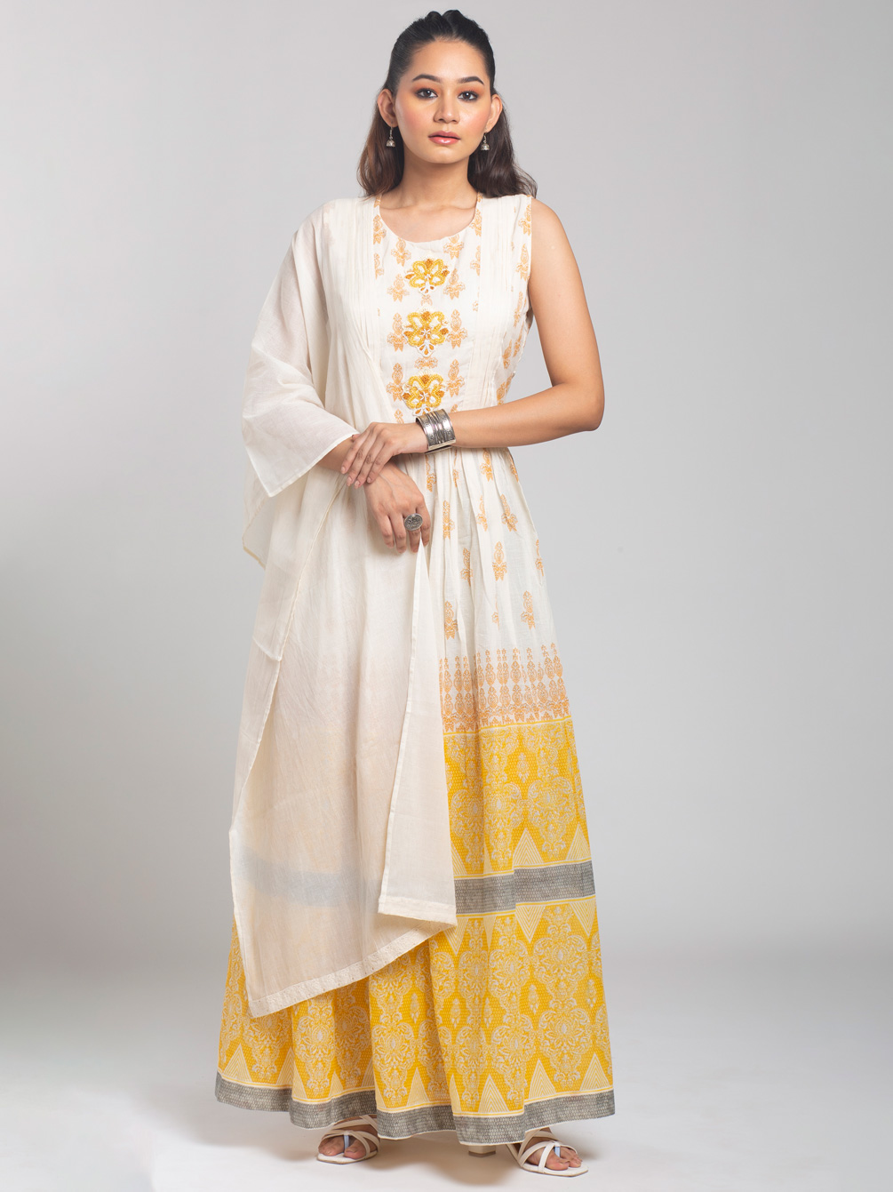 DAISY WHITE AND YELLOW PRINT GOWN DUPATTA SET