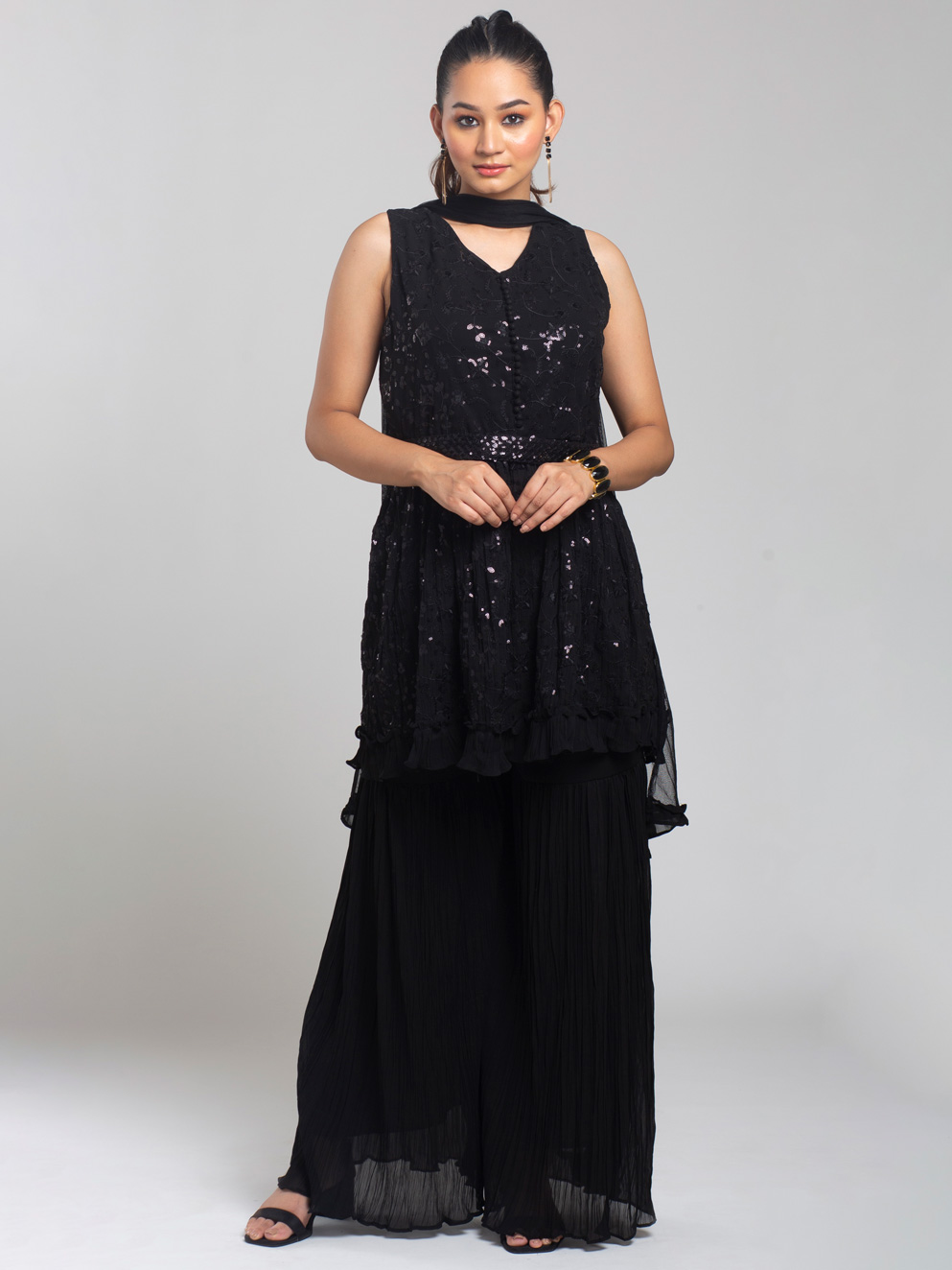 BLACK NETTED EMBROIDERY SHARARA SET