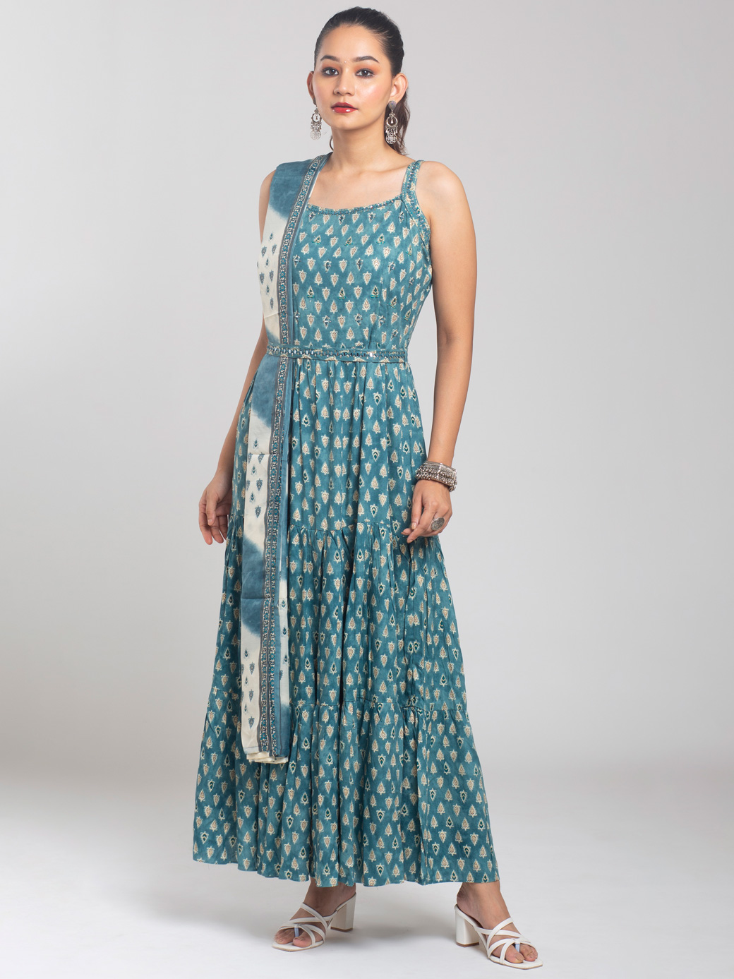 FRENCH BLUE PRINTED GOWN DUPATTA SET