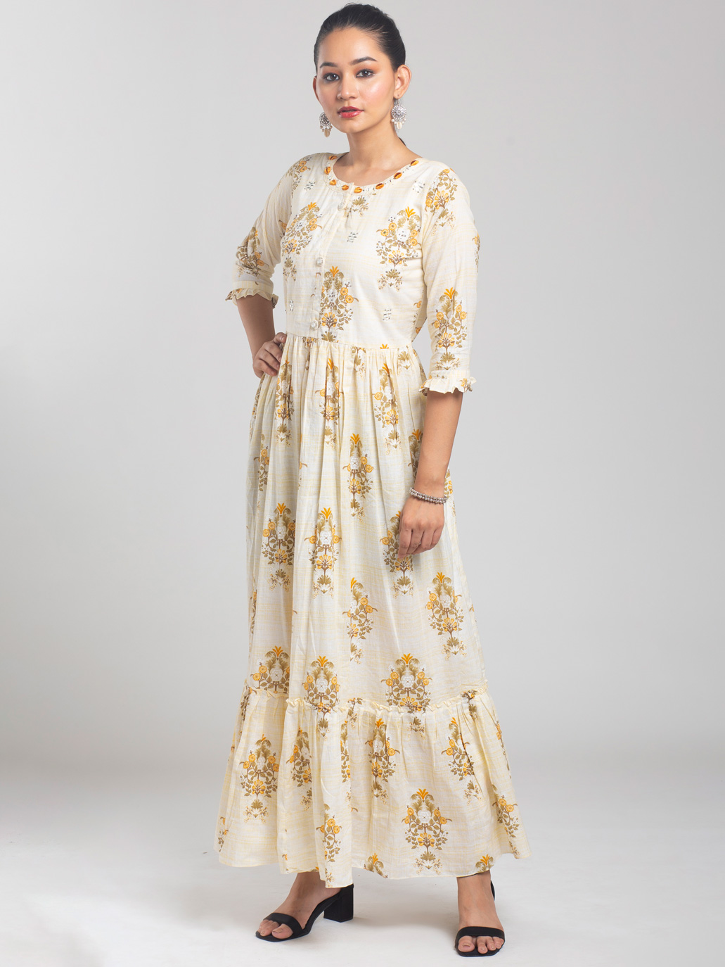 LIGHT YELLOW FLORAL PRINTED SOLID GOWN