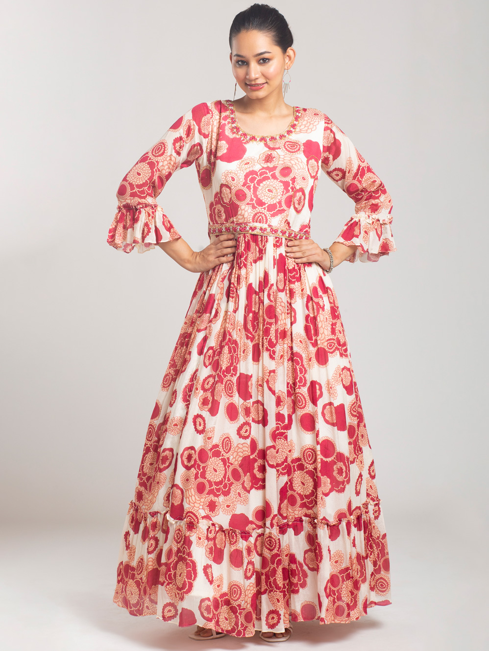 CORAL PINK PRINTED SOLID GOWN
