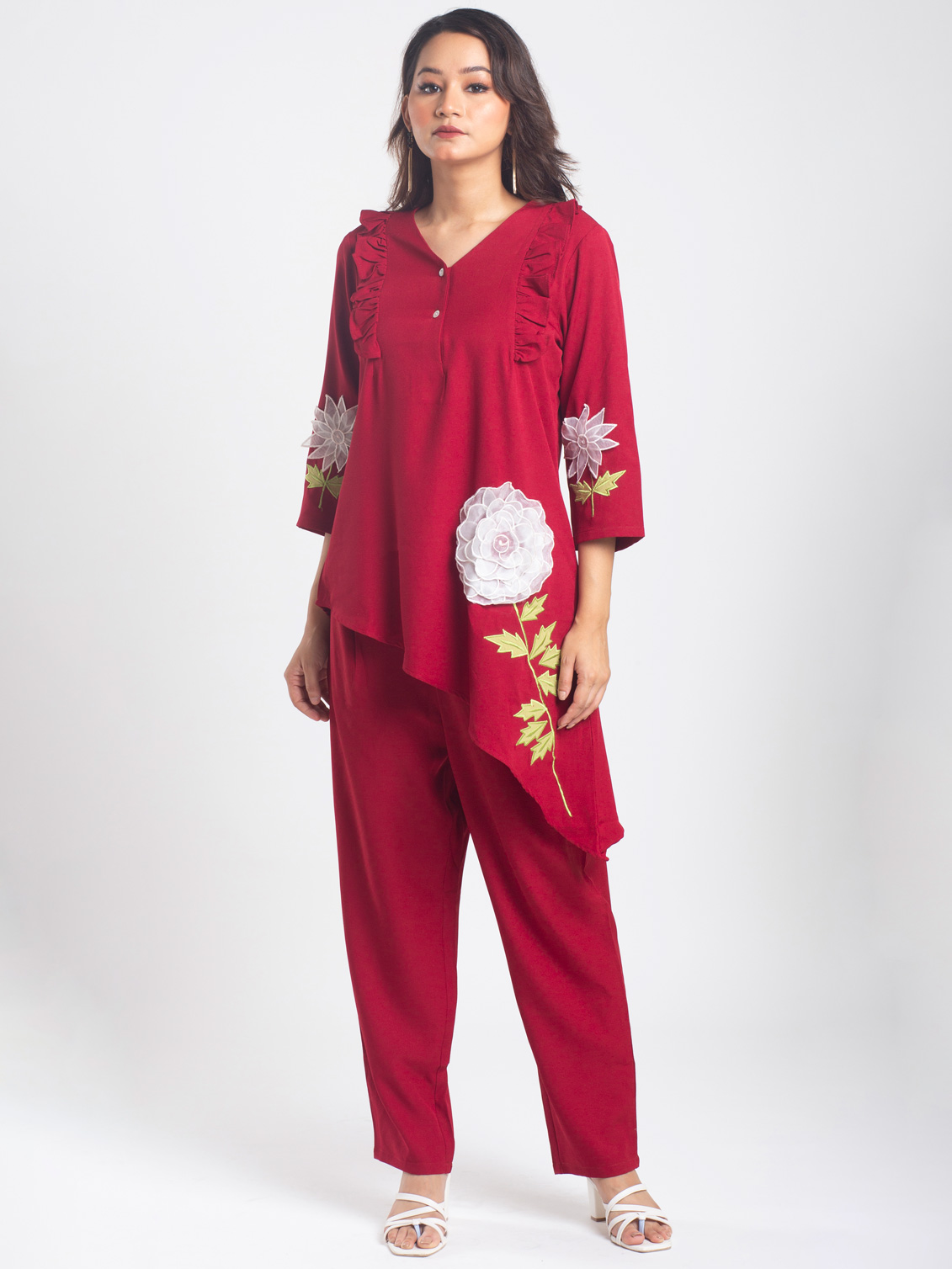 RUFOUS RED FLORAL EMBROIDERY CO ORD SET