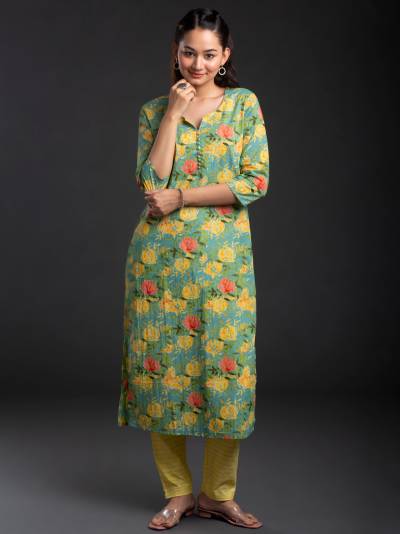 GREEN AND YELLOW FLORAL SINGLE COTTON KURTI