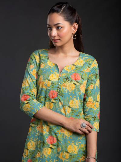 GREEN AND YELLOW FLORAL SINGLE COTTON KURTI