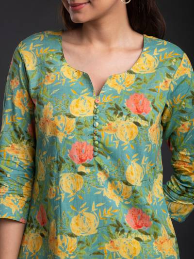 GREEN AND YELLOW FLORAL SINGLE COTTON KURTI