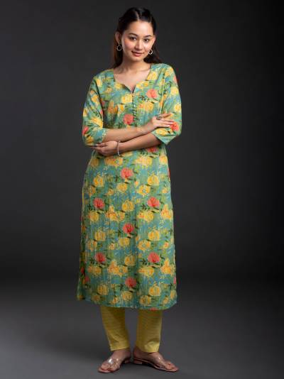 GREEN AND YELLOW FLORAL SINGLE COTTON KURTI