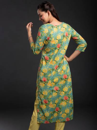 GREEN AND YELLOW FLORAL SINGLE COTTON KURTI