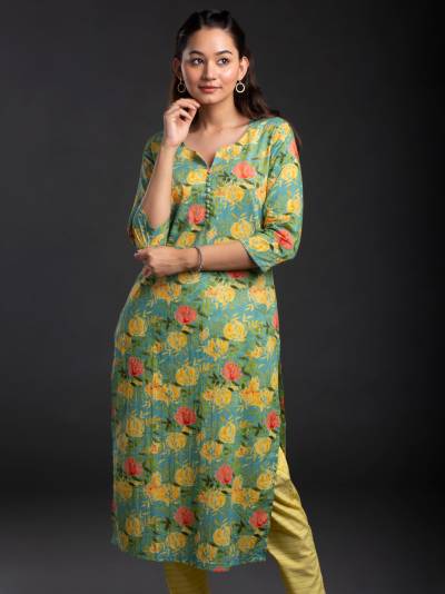 GREEN AND YELLOW FLORAL SINGLE COTTON KURTI