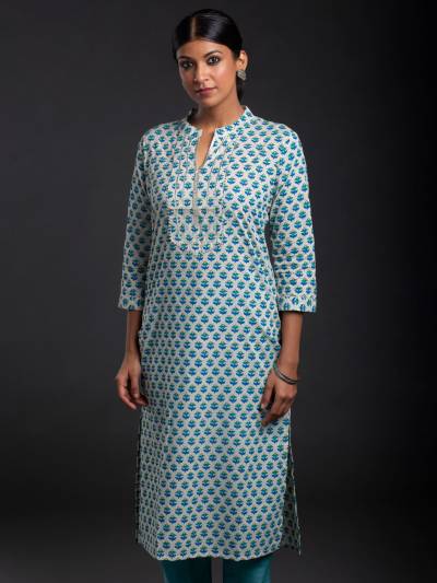 WHITE AND BLUE FLORAL PRINT SINGLE KURTI