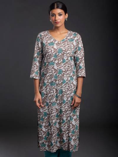 GREY FLORAL PRINTED SINGLE COTTON KURTI