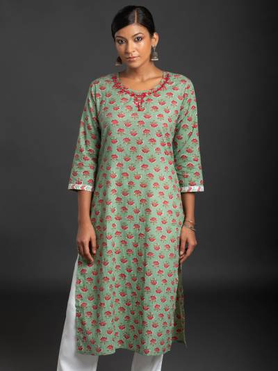 GREEN AND RED FLORAL PRINT SINGLE KURTI
