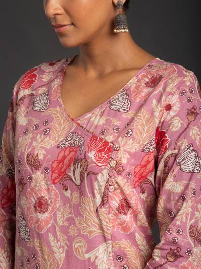 Pink Rose Printed Cotton Single Kurti