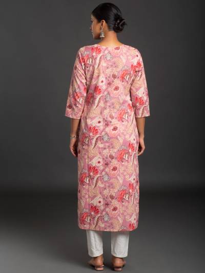 Pink Rose Printed Cotton Single Kurti