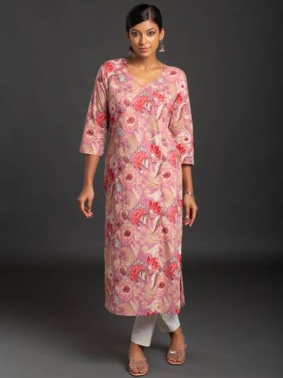 Pink Rose Printed Cotton Single Kurti