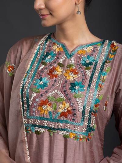 Floral Embroidered  Straight Kurta With Dupatta - Hippie Pink