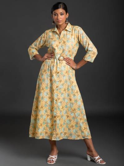 Yellow Printed COLLAR Neck Casual Calf-Length Elbow Sleeves Women Regular Fit Dress