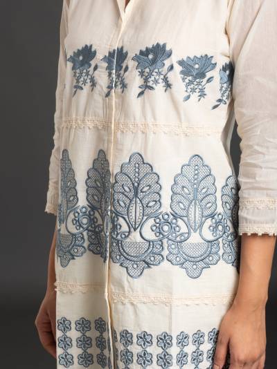 PEARL WHITE & BLUE EMBROIDERY CO ORD SET