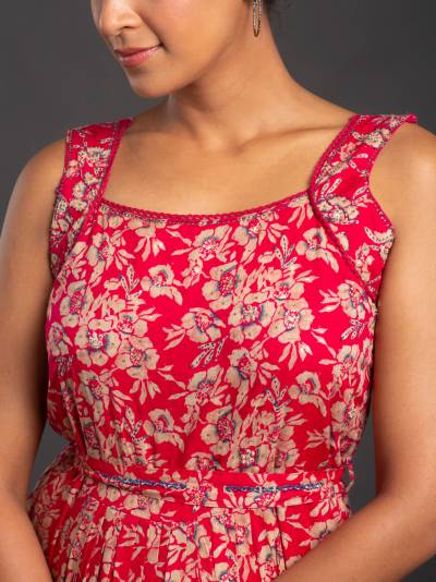DEEP RED FLORAL PRINT SOLID DRESS