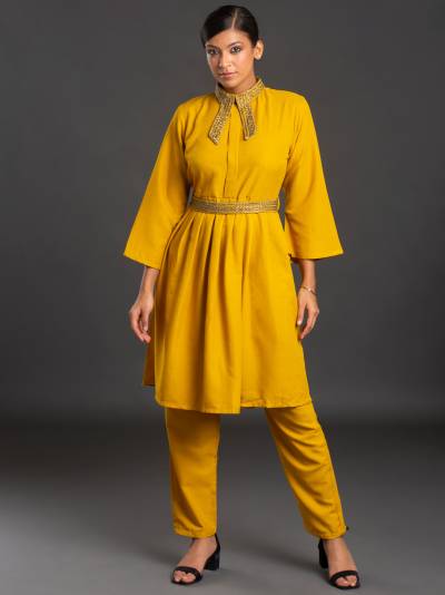 Yellow Two Piece Co ord set with Hand Embroidery Belt