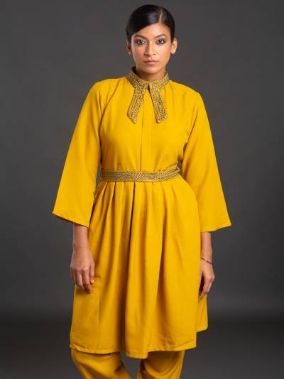 Yellow Two Piece Co ord set with Hand Embroidery Belt