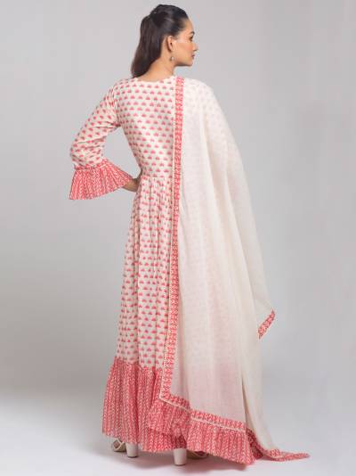 CORAL PINK & WHITE PRINTED GOWN DUPATTA SET