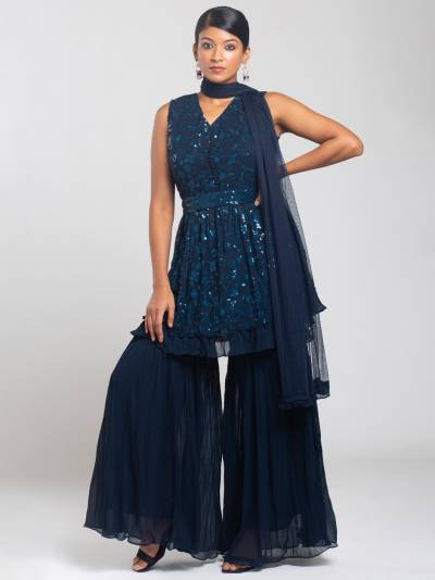 AEGEAN BLUE NET EMBROIDERY SHARARA SET