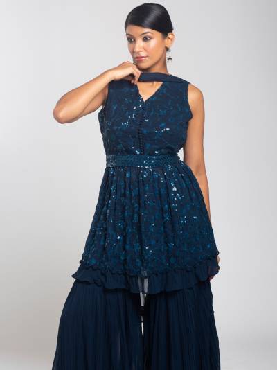 AEGEAN BLUE NET EMBROIDERY SHARARA SET