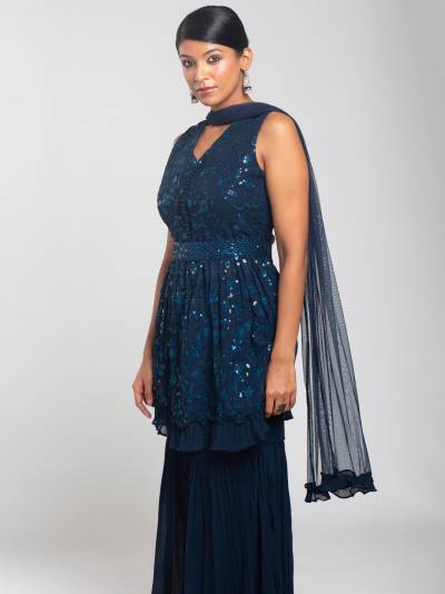 AEGEAN BLUE NET EMBROIDERY SHARARA SET