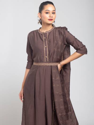 DARK BROWN EMBROIDERY KURTA DUPATTA SET