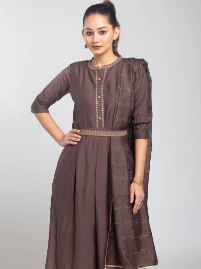 DARK BROWN EMBROIDERY KURTA DUPATTA SET