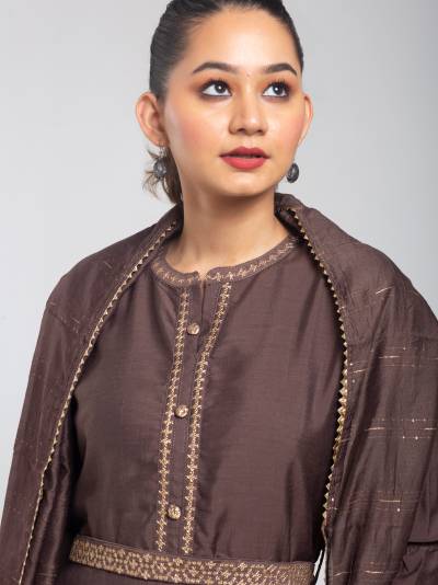 DARK BROWN EMBROIDERY KURTA DUPATTA SET