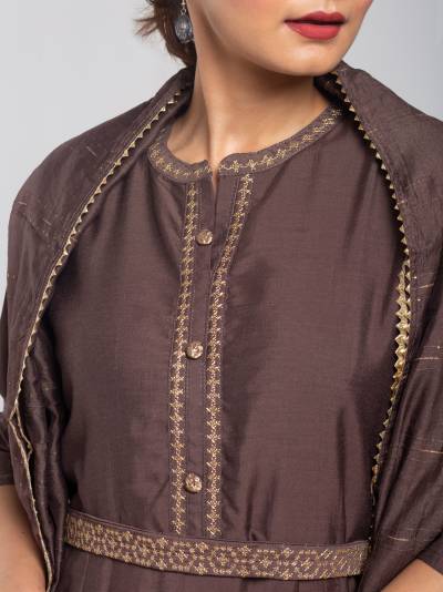 DARK BROWN EMBROIDERY KURTA DUPATTA SET