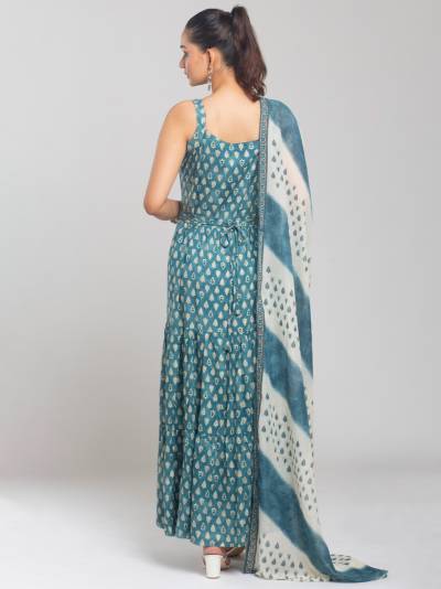 FRENCH BLUE PRINTED GOWN DUPATTA SET
