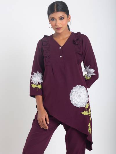 DARK WINE FLORAL EMBROIDERY CO ORD SET
