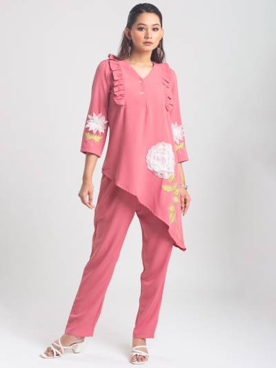 BRICK PINK ROSE EMBROIDERY CO ORD SET