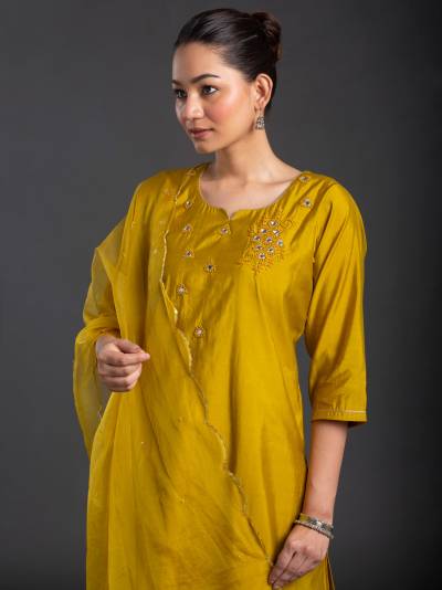 MUSTARD THREE PIECE SET WITH MIRROR EMBROIDERY