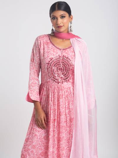 CARNATION PINK EMBROIDERY GOWN DUPATTA SET