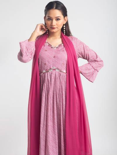 THULIAN PINK AND WHITE STRIPES GOWN & DUPATTA SET