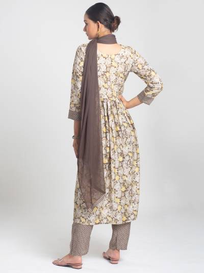 ASH BROWN VINTAGE FLORAL DESIGN KURTA PANT DUPATTA SET