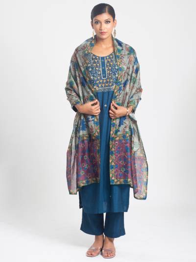 PRUSSIAN BLUE EMBROIDERY KURTA DUPATTA SET