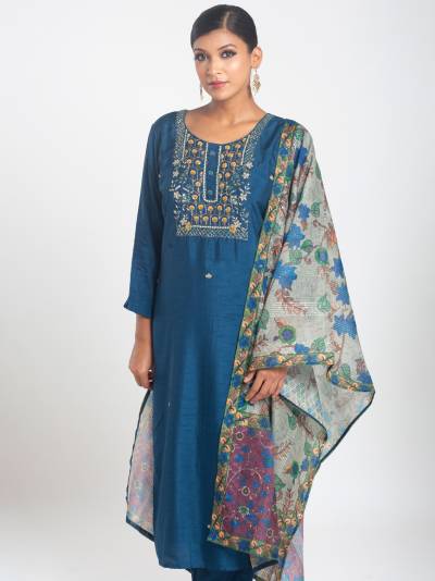 PRUSSIAN BLUE EMBROIDERY KURTA DUPATTA SET