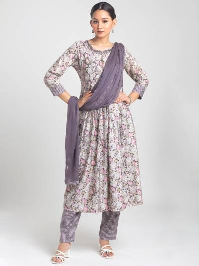 EMINENCE PURPLE FLORAL PRINT KURTA DUPATTA SET