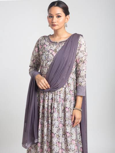 EMINENCE PURPLE FLORAL PRINT KURTA DUPATTA SET